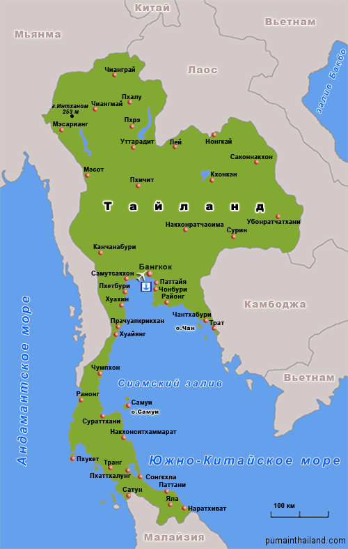 Карта Тайланда на русском языке, со всем крупными городами и островами.