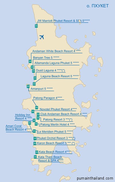 карта острова Пхукет с указанием всех отелей