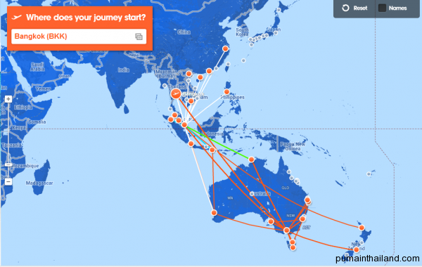 Карта полетов Джетстар, с подсвеченными маршрутами из Бангкока