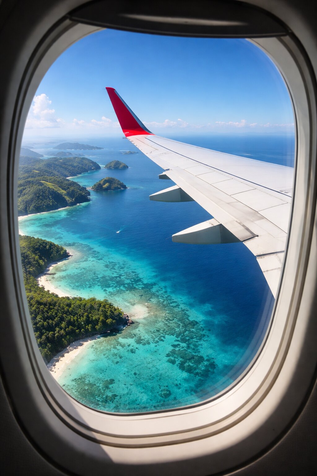 Вид из окна самолёта на тропические острова