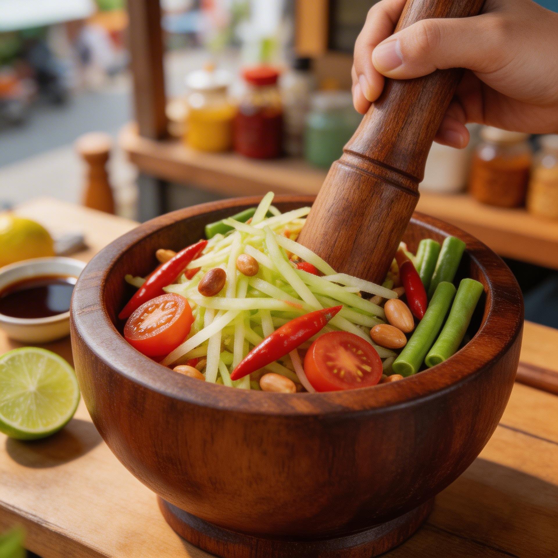 Приготовление сом тама в ступке