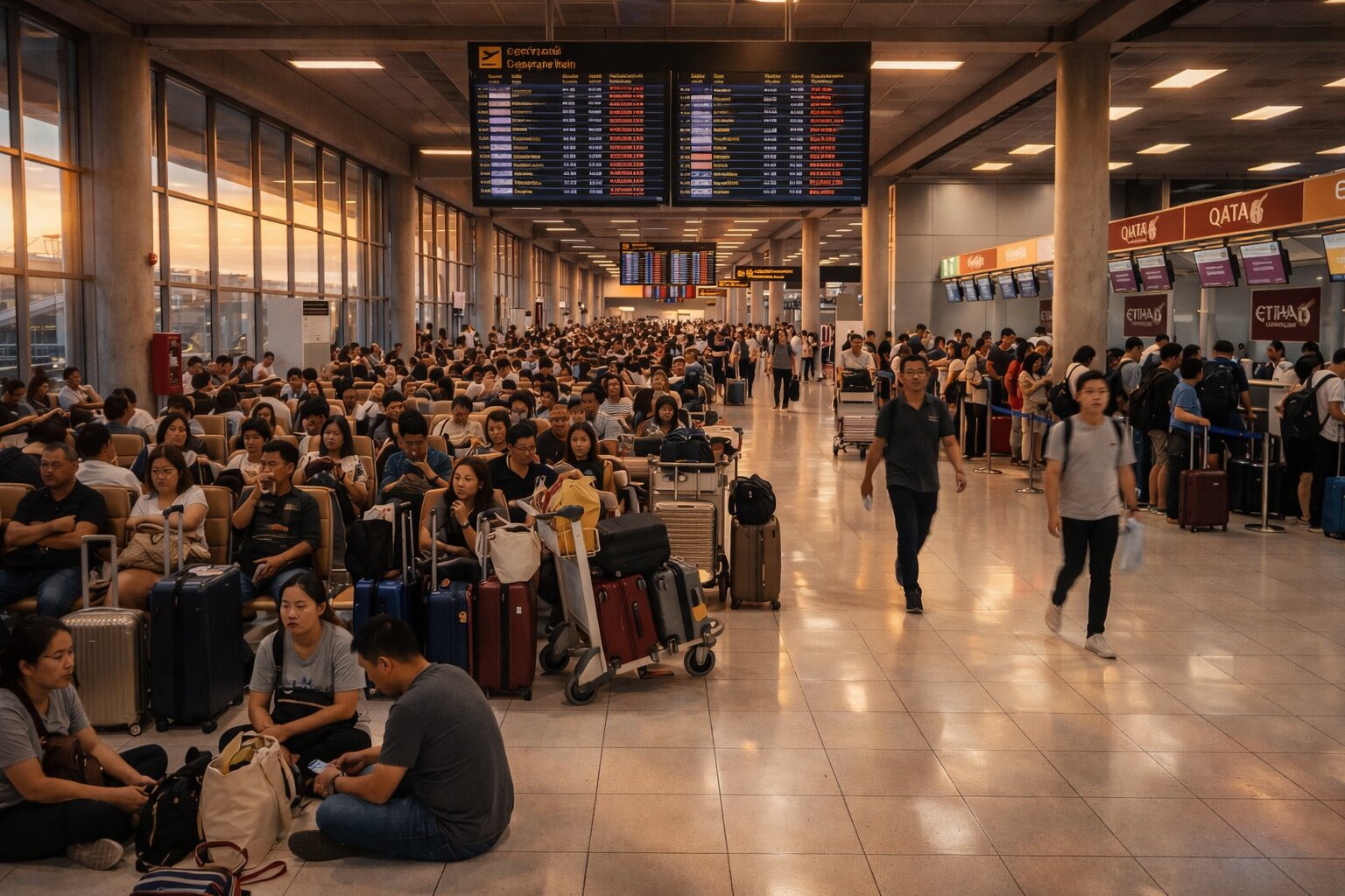 Туристы ждут в аэропорту Таиланда