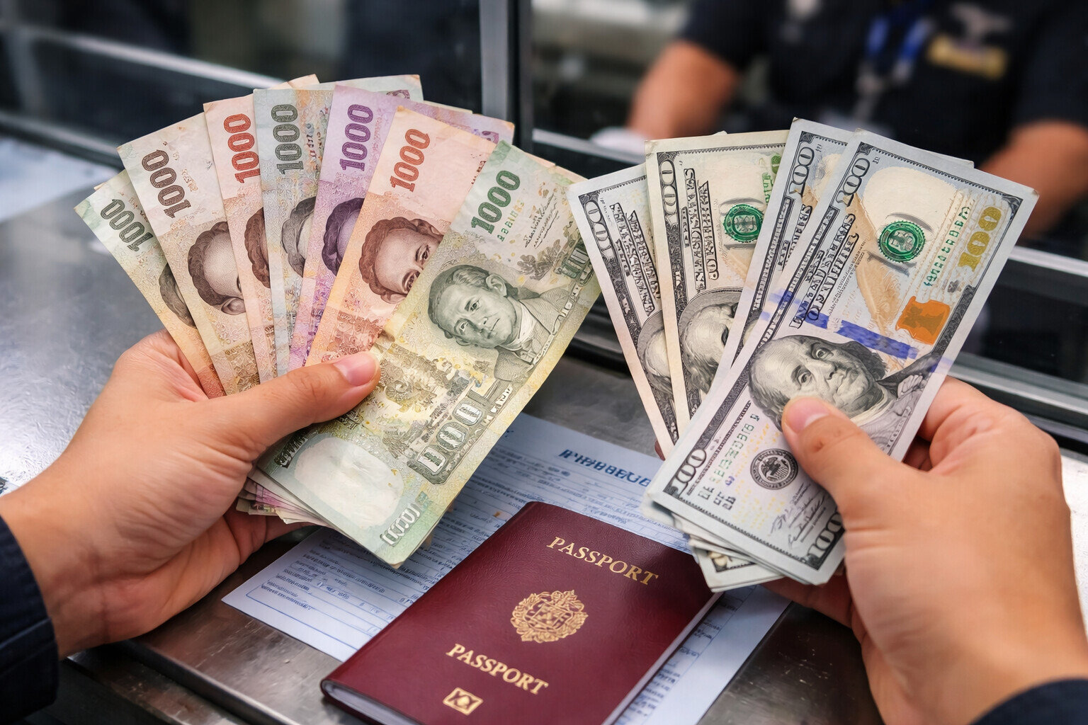 Тайские баты и доллары на стойке паспортного контроля