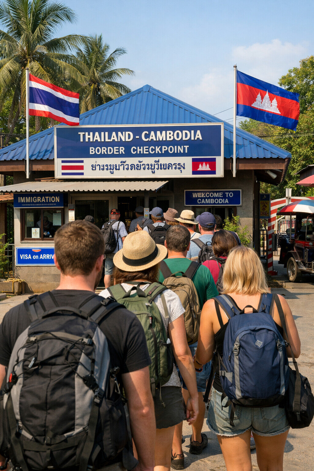 Погранпереход Таиланд-Камбоджа, очередь туристов с рюкзаками