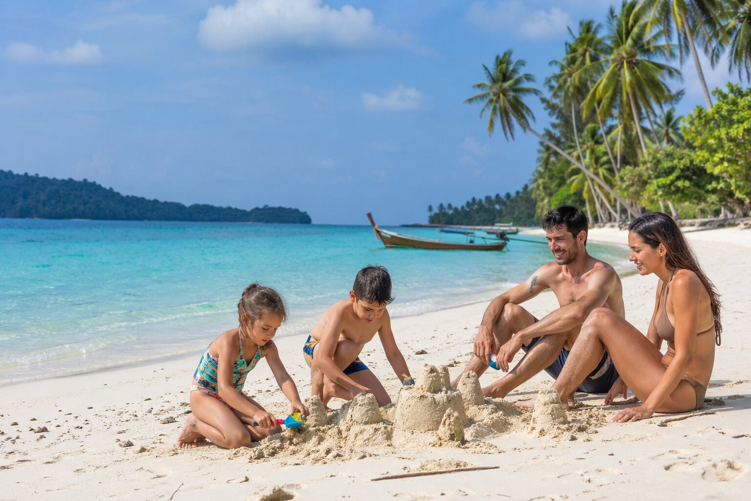 Семейный отдых в Таиланде: дети на пляже Ката или Камала с кристально чистой водой