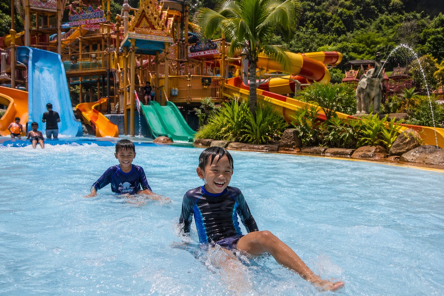 Дети в аквапарке на Пхукете — горки и бассейны