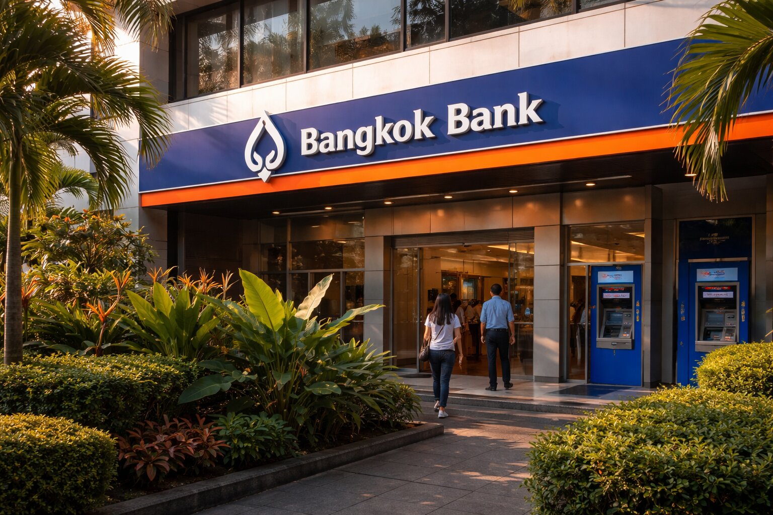 Отделение Bangkok Bank в Таиланде с банкоматами и тропическими растениями