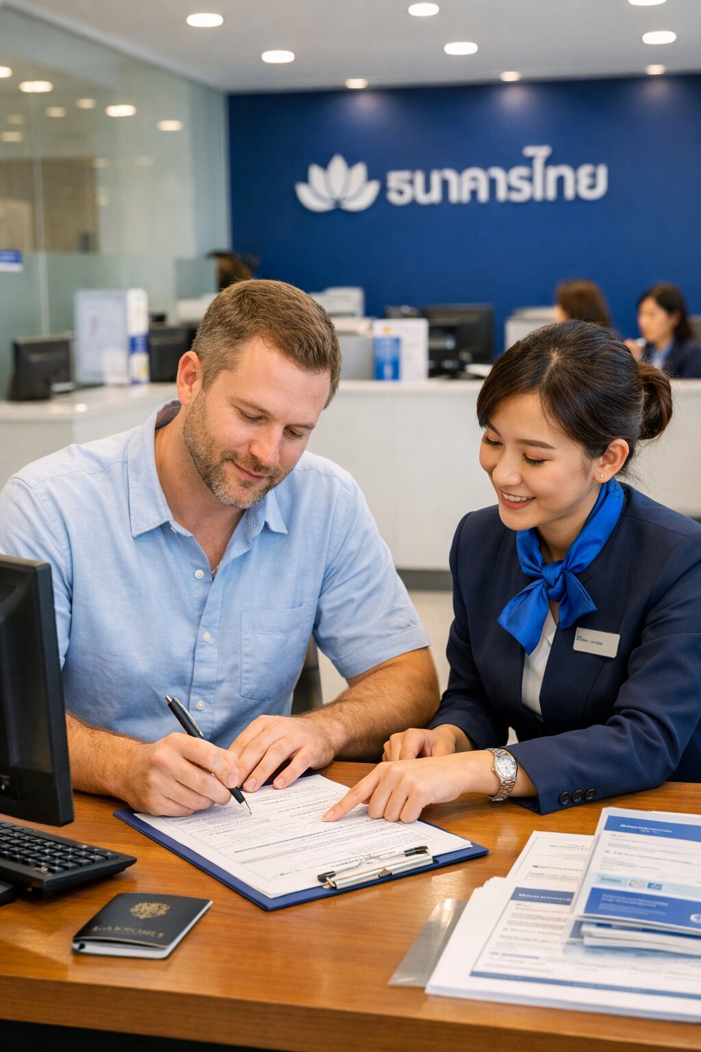 Иностранец заполняет документы в отделении тайского банка с помощью сотрудницы