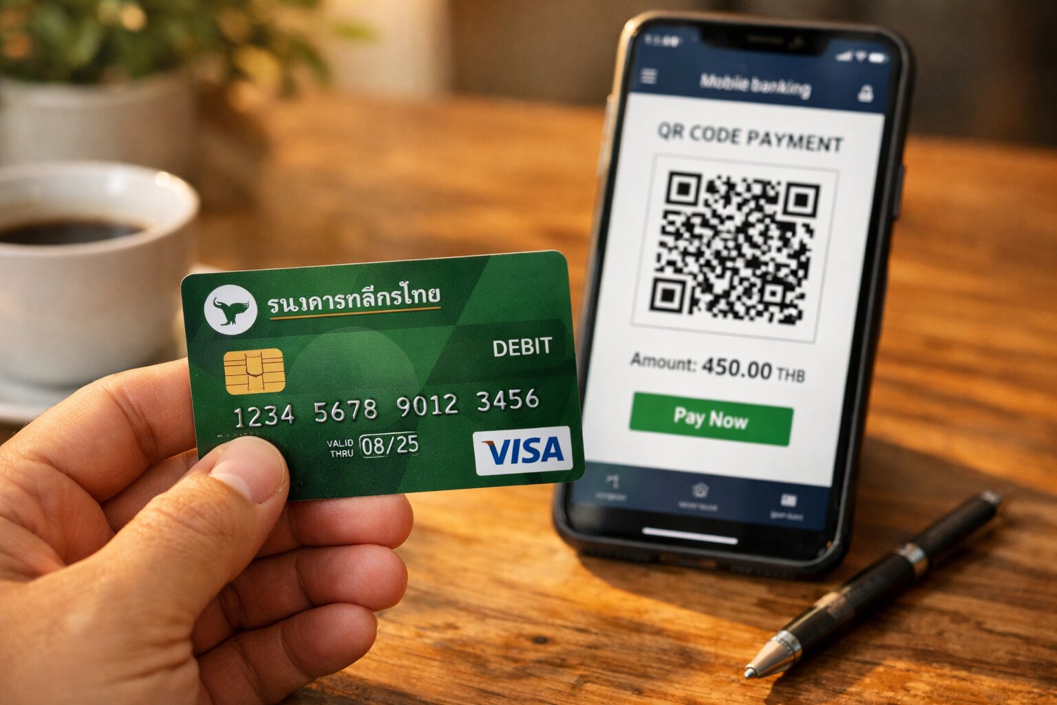 Тайская банковская карта и смартфон с QR-оплатой PromptPay