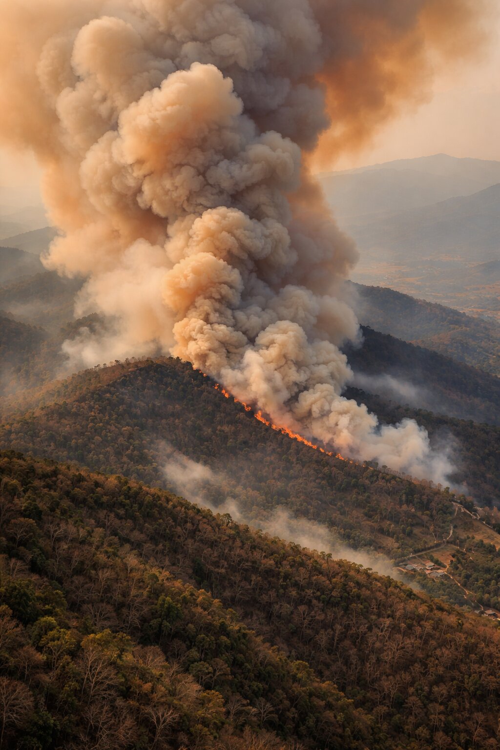 Лесной пожар в горах Северного Таиланда, апрель 2026