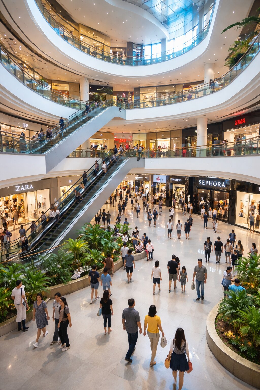 Интерьер торгового центра в Таиланде с эскалаторами и международными брендами