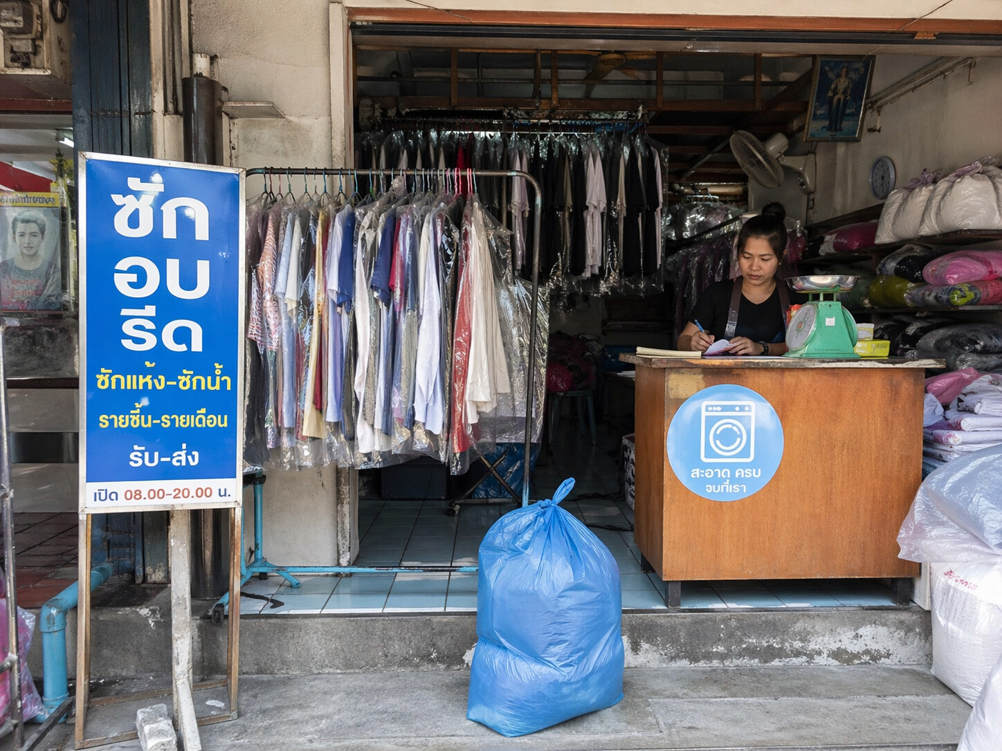 Сервисная прачечная в Таиланде: вывеска на тайском, одежда на рейле, хозяйка за стойкой