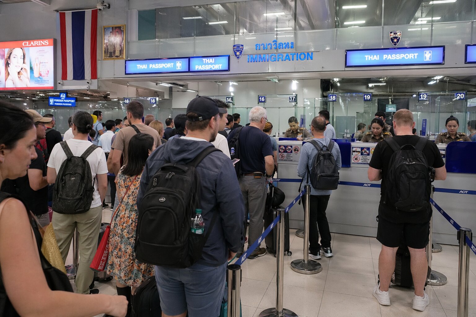 Иммиграционный контроль в аэропорту Таиланда — очередь туристов