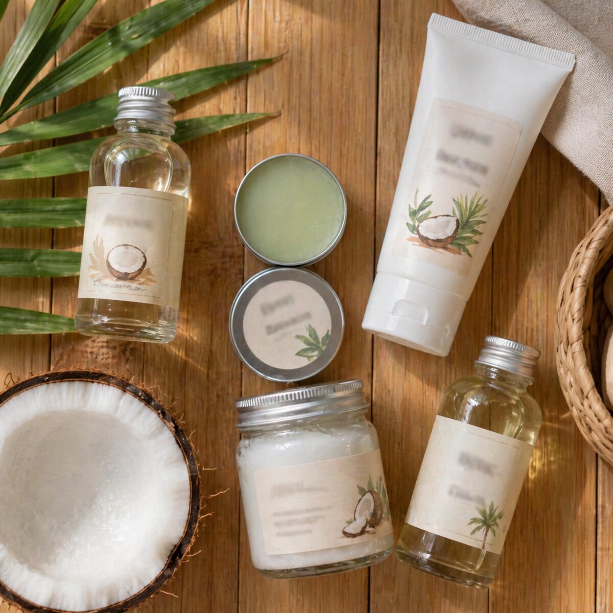 Тайская косметика: кокосовое масло, бальзамы и уходовые средства на бамбуковом столе