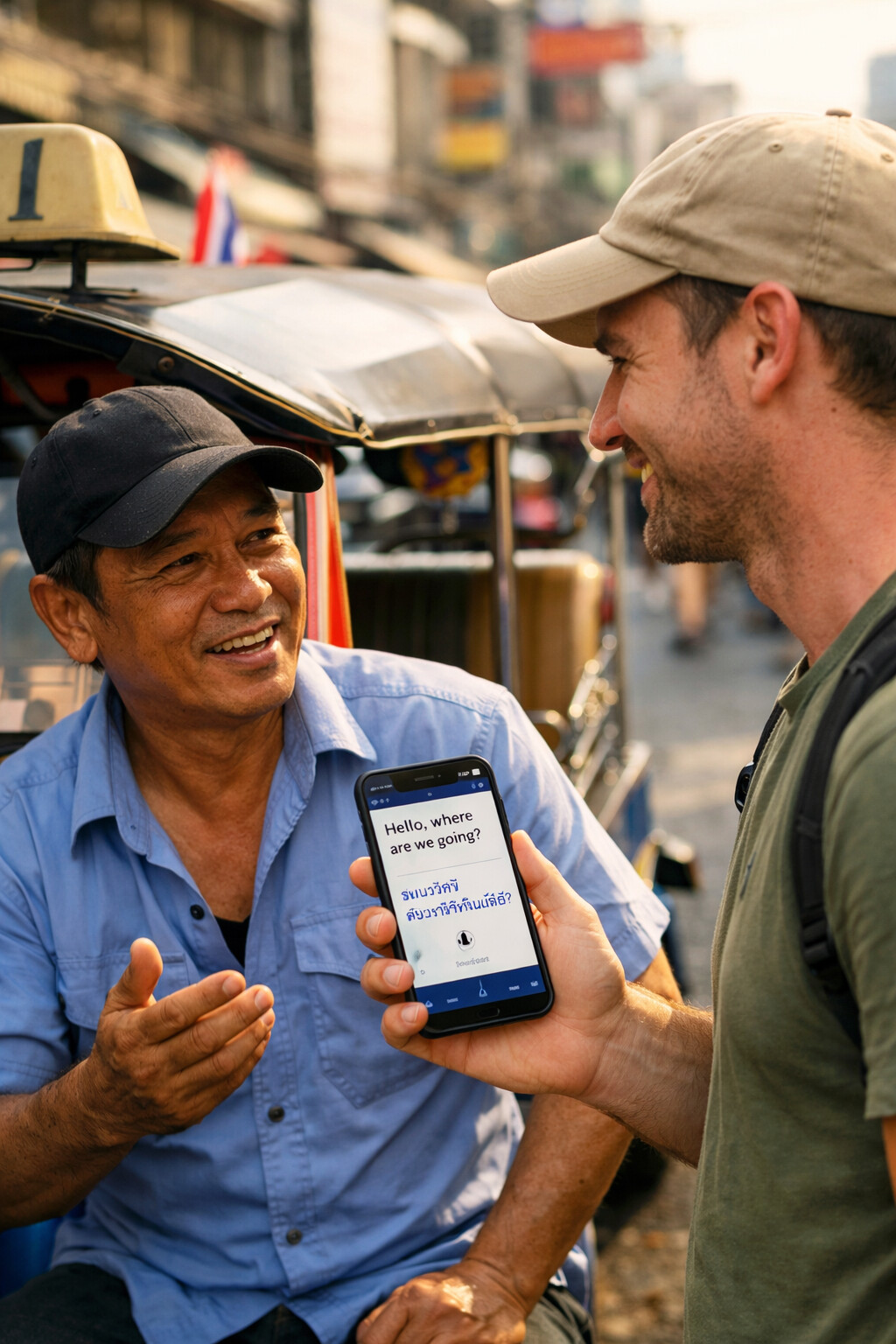 Турист показывает приложение-переводчик водителю тук-тука — так общаются, когда слов не хватает