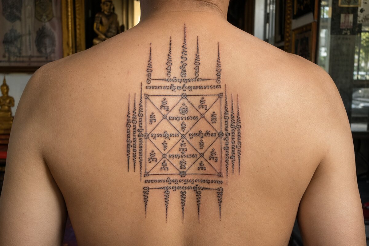 Готовый Сак Янт на спине — геометрический янт с палийскими письменами