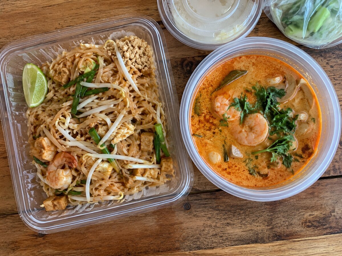 Pad Thai и Tom Yum Kung в контейнерах для доставки