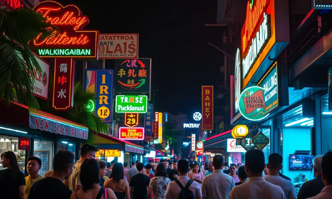 Walking Street Паттайя ночью — неоновые вывески баров и кальянных