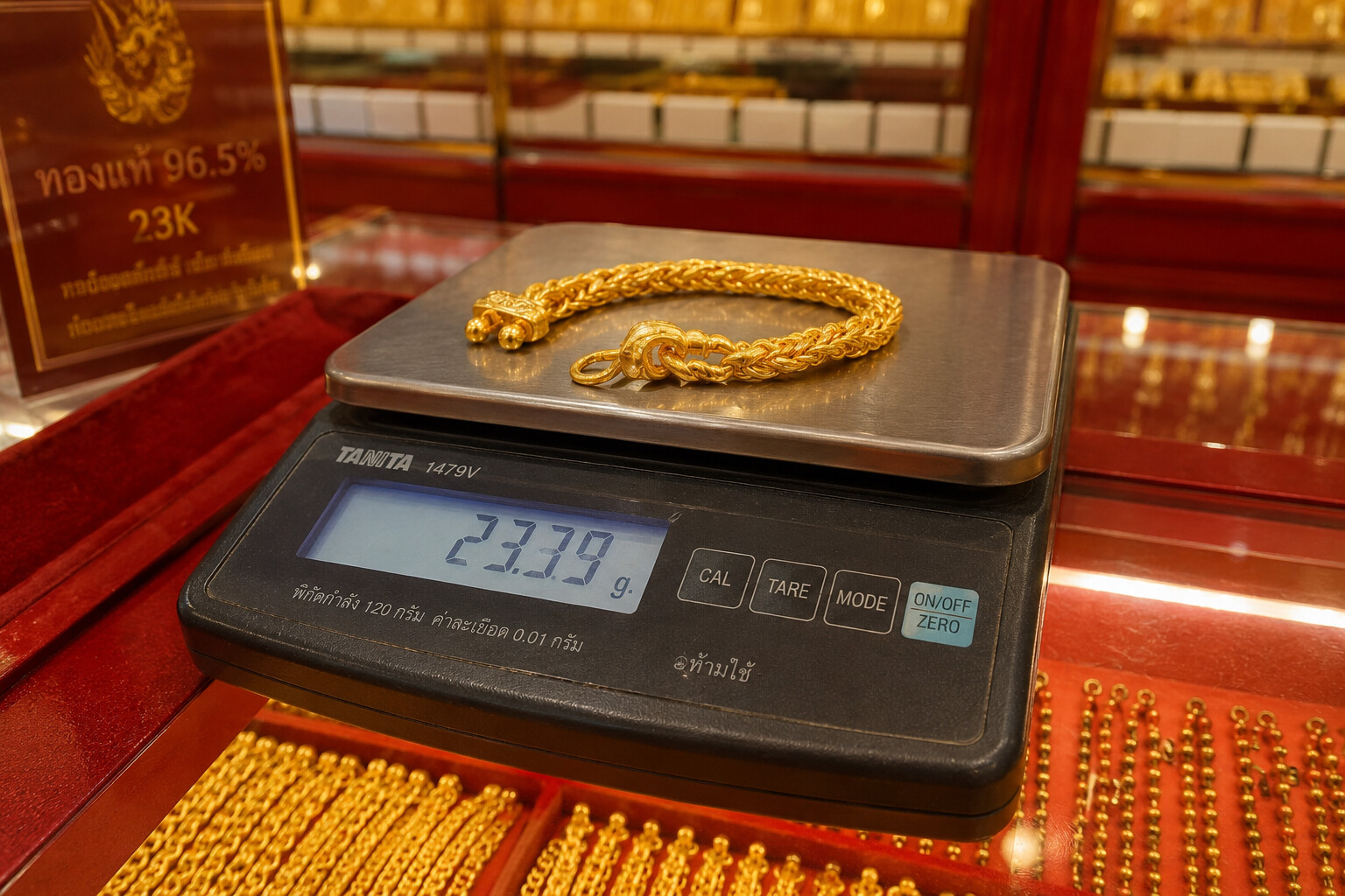 Золотой браслет 23K на весах в тайском магазине