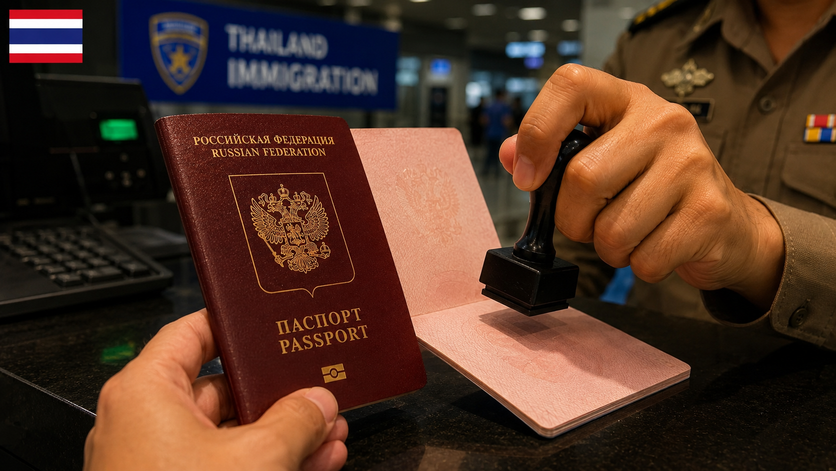 Российский паспорт на стойке Thai Immigration — штамп при въезде в Таиланд