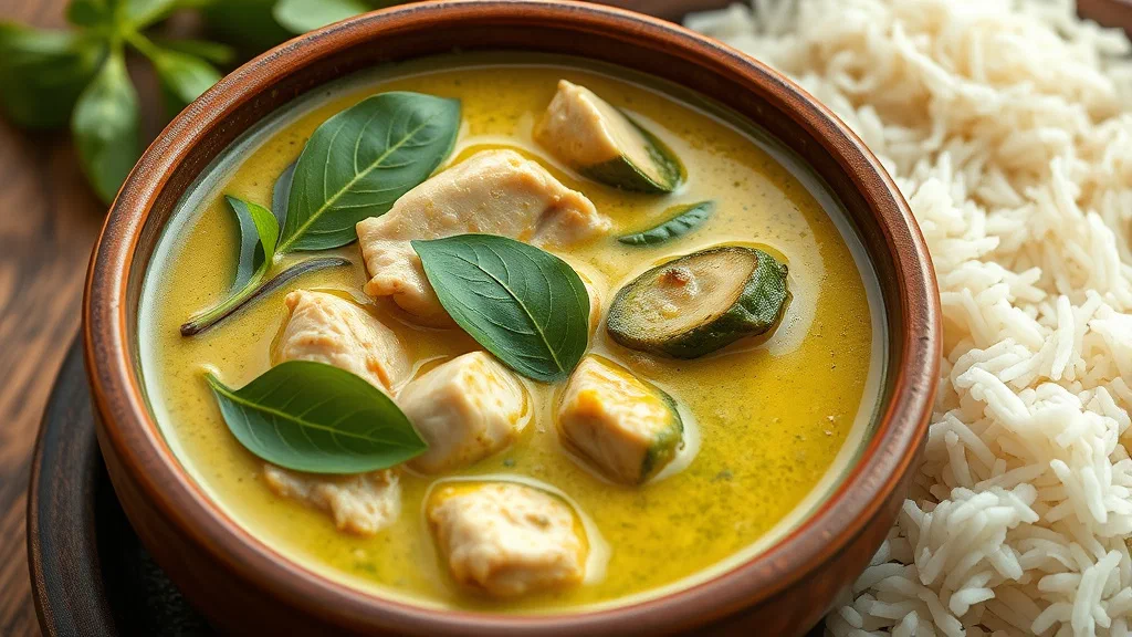 Тайское зелёное карри с курицей, базиликом и рисом