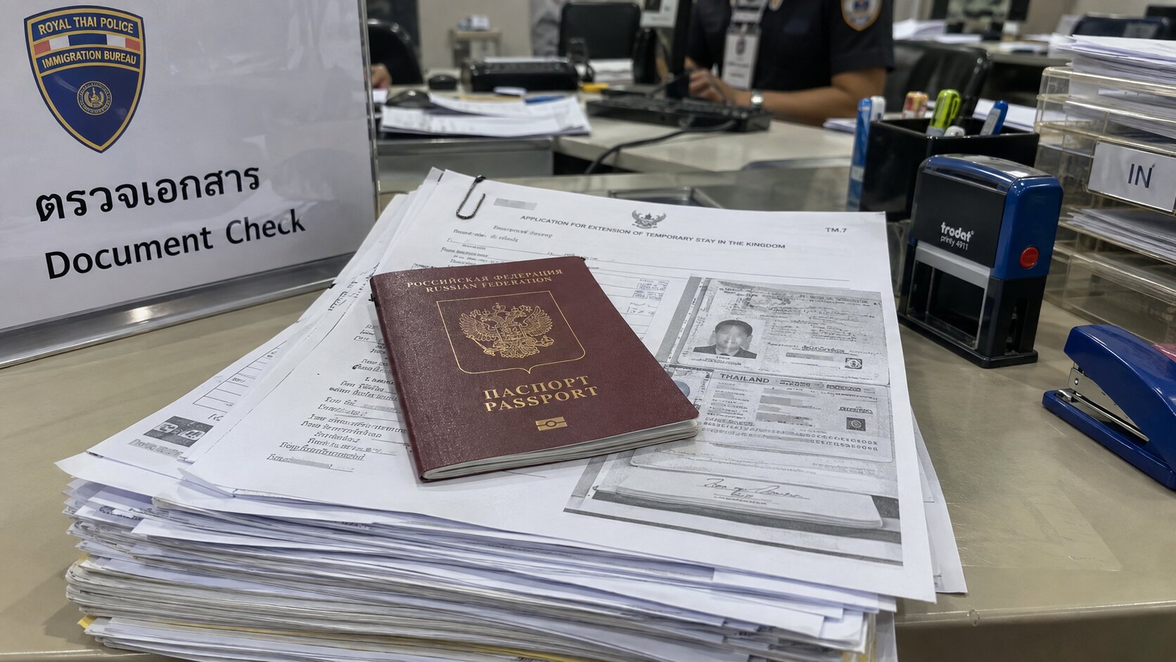 Российский паспорт на стопке бланков TM.7 на стойке проверки документов в иммиграционном бюро