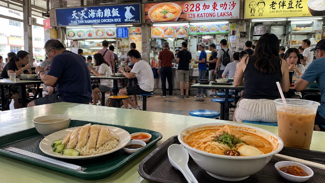 Курица с рисом и лакса на подносах в сингапурском hawker centre